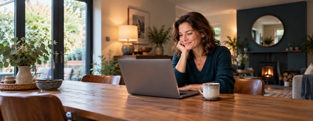 A homeowner checking her new mortgage rate on a laptop